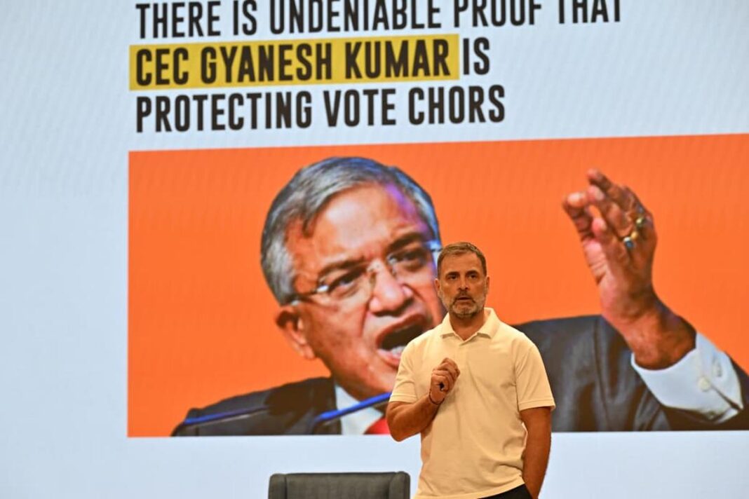 Rahul Gandhi at a press conference discussing voter deletions