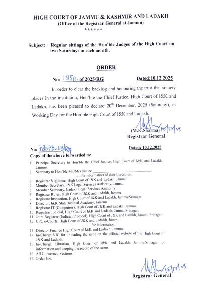High Court Of J&K, Ladakh Declares Dec 20 As Working Day